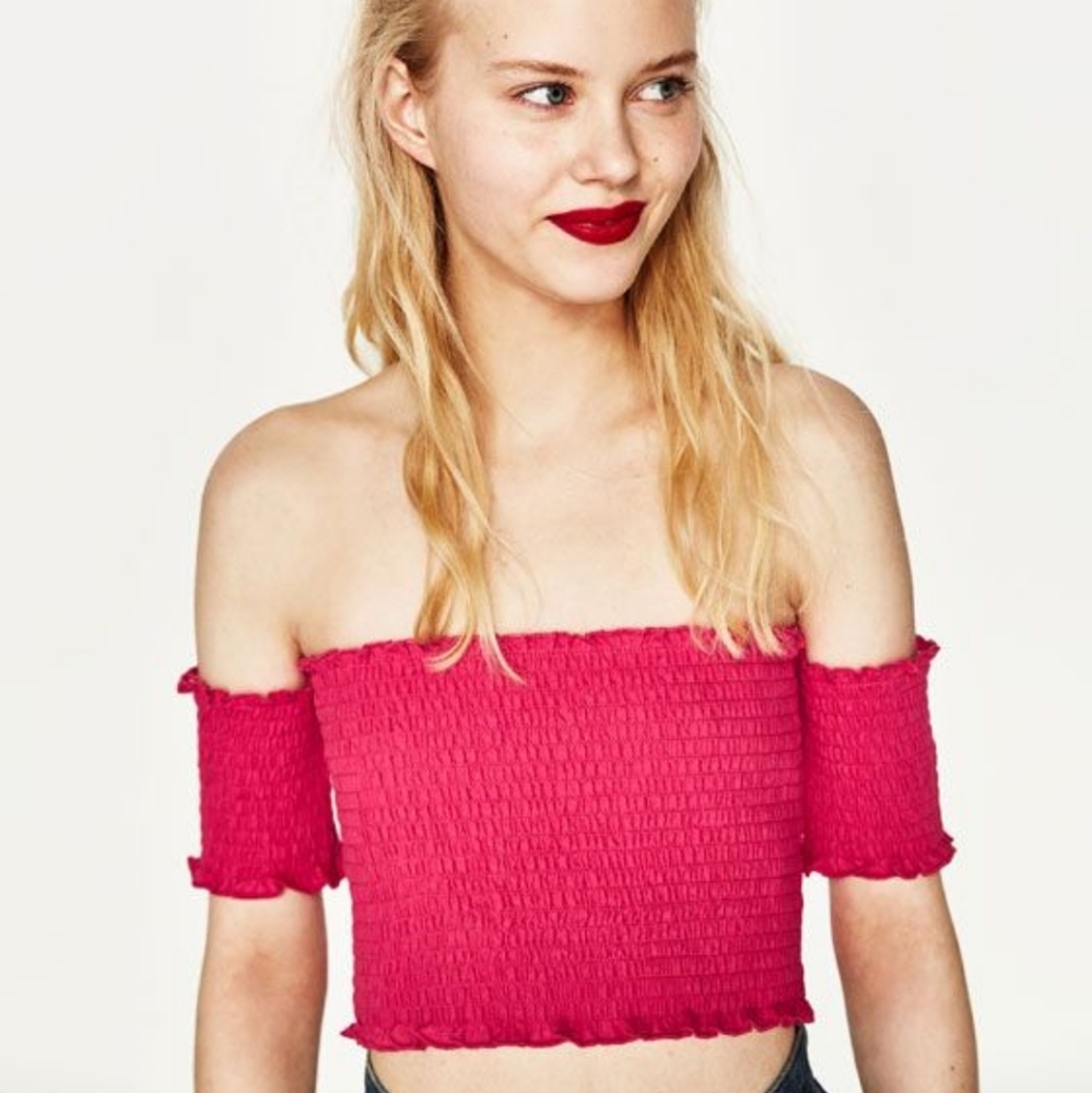 NWOT ZARA TRF Pink Off the Shoulder Crop Top
